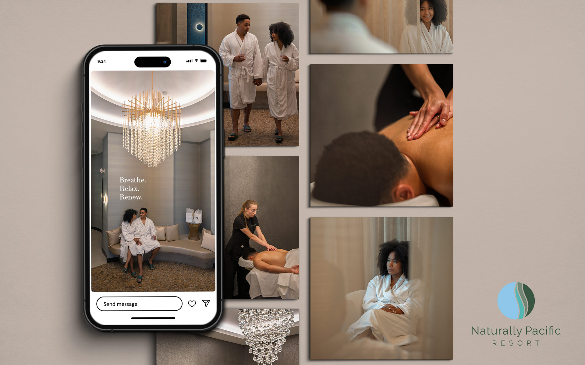 Mockup with social media photos of the spa in a similar beige colour scheme