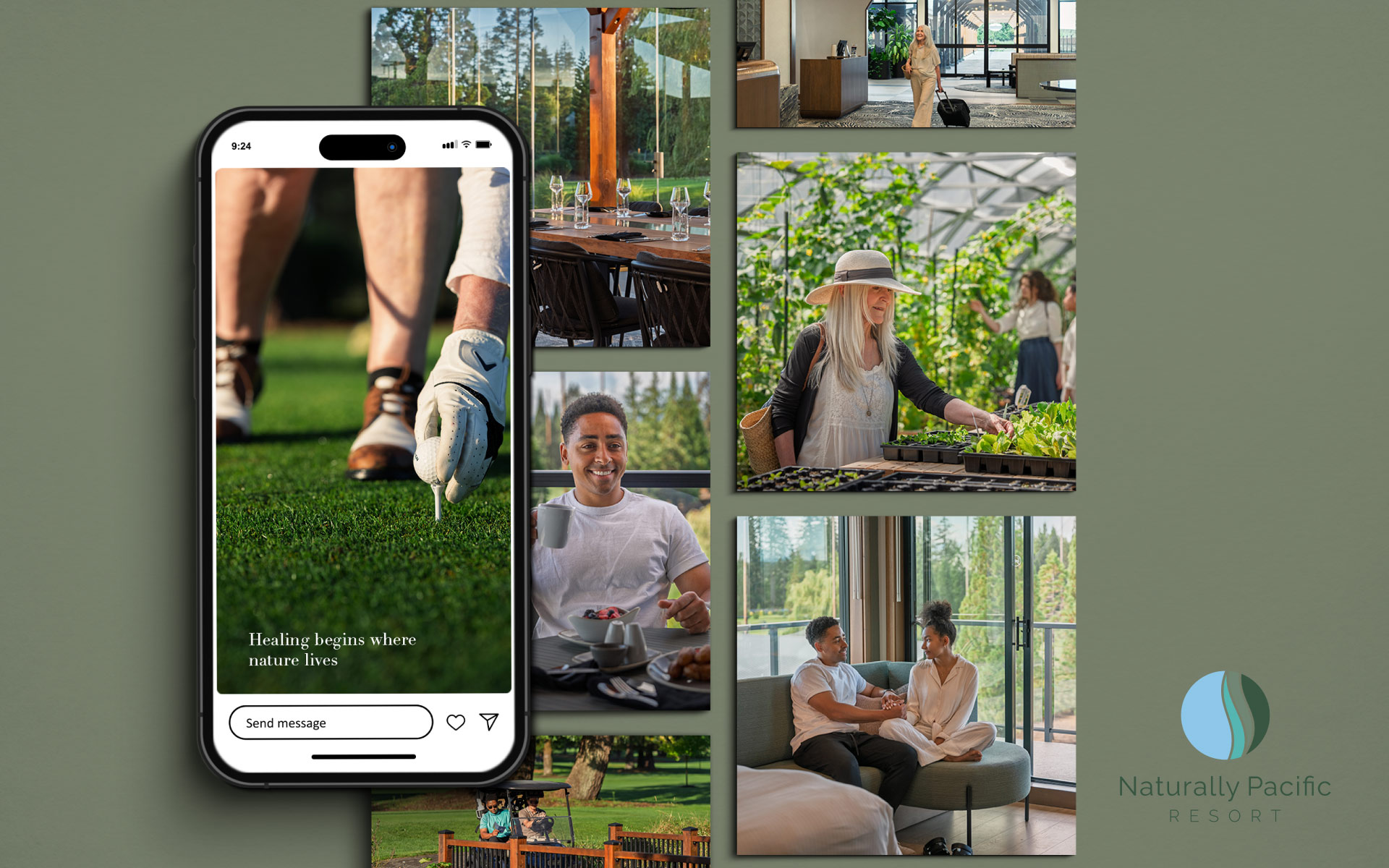 Mockup with social media photographs in the outdoor area in a similar green-toned colour mood