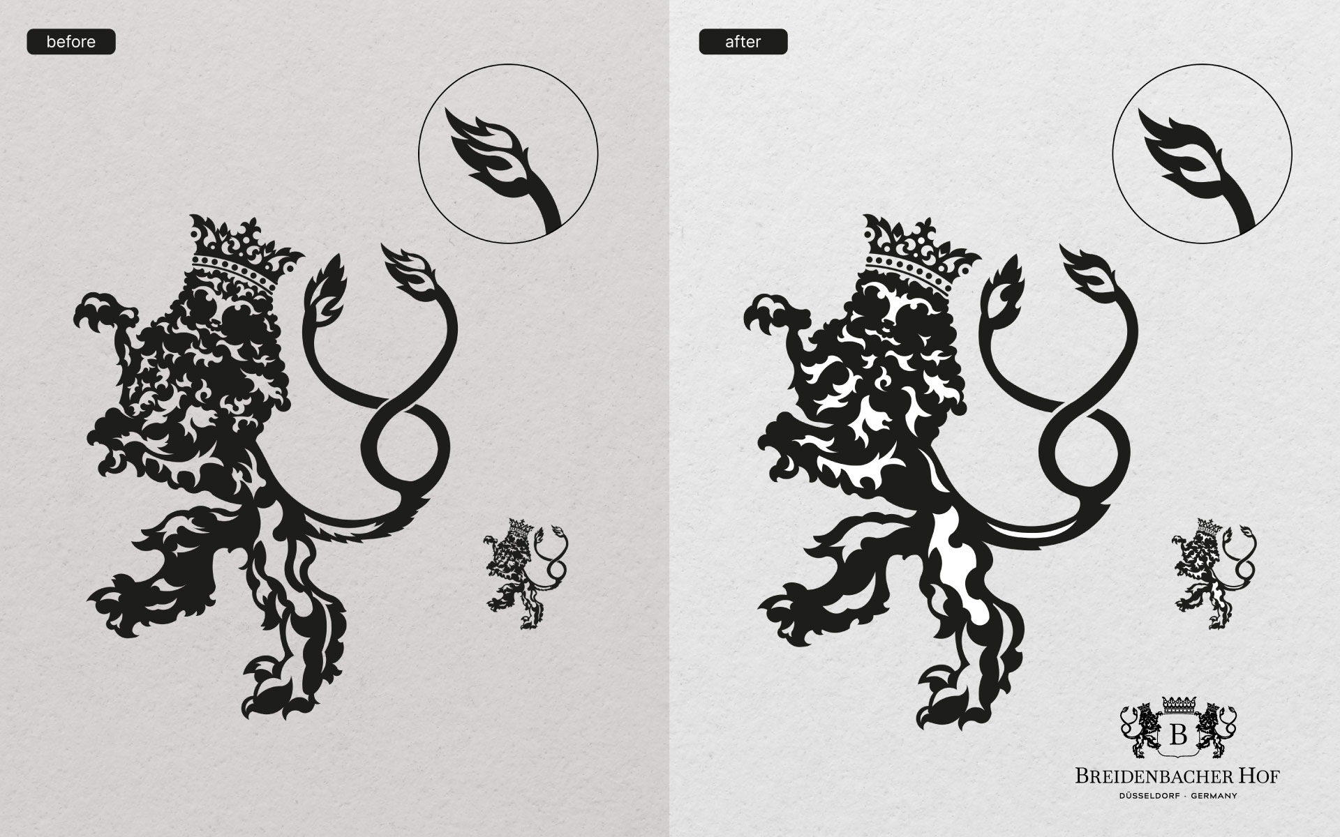 Vorher-Nachher Bild der Bildmarke vom Breidenbacher Hof. Links ist das Original. Rechts die neue Version.