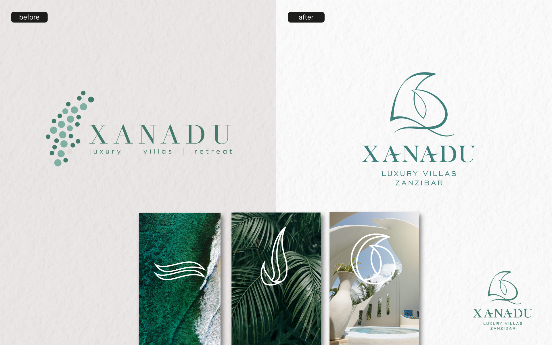 Branding of the Xanadu project: on the left the old logo, on the right the new one. At the bottom centre three inspirational images with matching elements – waves, leaves and the round roof of a Xanadu villa. The background shows a white paper structure.